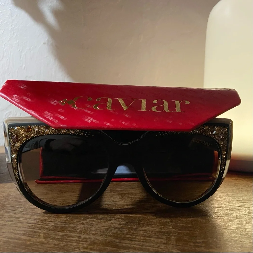 Caviar Women's Black & White Crystal Cat-Eye Sunglasses